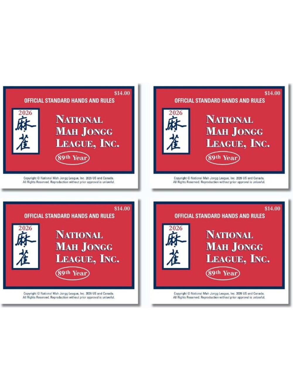 National Mah Jongg League 2026 Mahjong Standard Size Cards Four-Pack Bundle